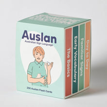 Load image into Gallery viewer, Set of Auslan flashcards and books on Australian Sign Language with colorful covers.
