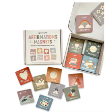 Load image into Gallery viewer, Set of affirmation magnets with a box labeled 'Affirmations Magnets' on a white background.