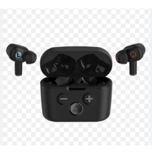 Load image into Gallery viewer, Black wireless earbuds with charging case on a transparent background