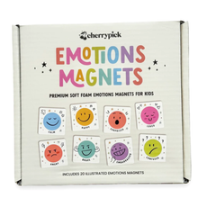 Load image into Gallery viewer, Box of emotions magnets with colorful illustrations on a white background