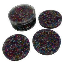 Load image into Gallery viewer, Colorful speckled beads in a container with Pick 'Ems' branding on a white background.