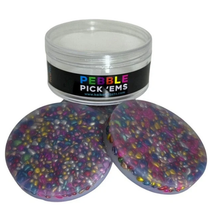 Load image into Gallery viewer, Clear container with colorful pebbles labeled 'Pebble Pick'ems' on a white background