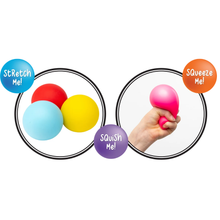 Load image into Gallery viewer, Three colorful stress balls in red, light blue, and yellow, shown with instructional callouts: one labeled 'Stretch Me!', one labeled 'Squish Me!', and one showing a hand squeezing a pink ball labeled 'Squeeze Me!'.