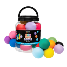 Load image into Gallery viewer, A clear plastic jar filled with colorful sensory play sandballs, with a black handle lid and a black label. Several loose multicolor balls are arranged around the base on a plain white background.