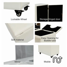 Load image into Gallery viewer, Collage of features including lockable wheel, storage hinged door, soft material, easy opening for bubble tube, mirror, and mobile nature.