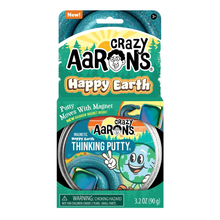Load image into Gallery viewer, Crazy Aaron's Happy Earth Thinking Putty in its retail packaging, featuring a teal-colored putty and a colorful cartoon Earth graphic on the front of the carded box.