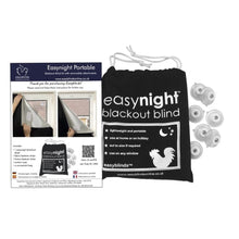 Load image into Gallery viewer, Easynight portable blackout blind kit including a black drawstring bag, six white blind discs, and an instruction card on a white background.