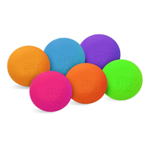 Load image into Gallery viewer, Six New Dog massage balls in assorted bright colors including orange, blue, purple, pink, and green, arranged on a clean white background.
