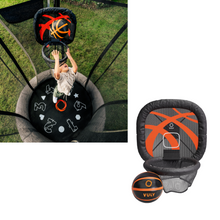 Load image into Gallery viewer, An outdoor trampoline basketball hoop set shown with a child jumping in the left panel and a clean product-only view on the right. The set includes a padded black hoop and backboard, a small black basketball with orange and yellow graphics, and a black trampoline mat with white numbers and an orange ring.