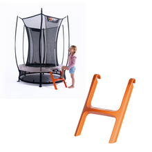 Load image into Gallery viewer, An orange plastic step ladder shown prominently in the foreground, with a smaller inset photo of a child standing next to a trampoline using the same ladder on a white background.