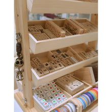 Load image into Gallery viewer, Wooden stamp set organizer with various stamps on multiple shelves.