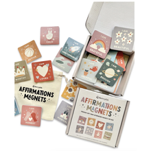 Load image into Gallery viewer, Set of affirmation magnets with colorful designs and text, displayed in an open box.
