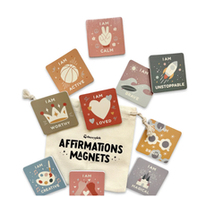 Load image into Gallery viewer, Set of affirmation magnets with a drawstring bag labeled ' affirmations magnets' on a white background.
