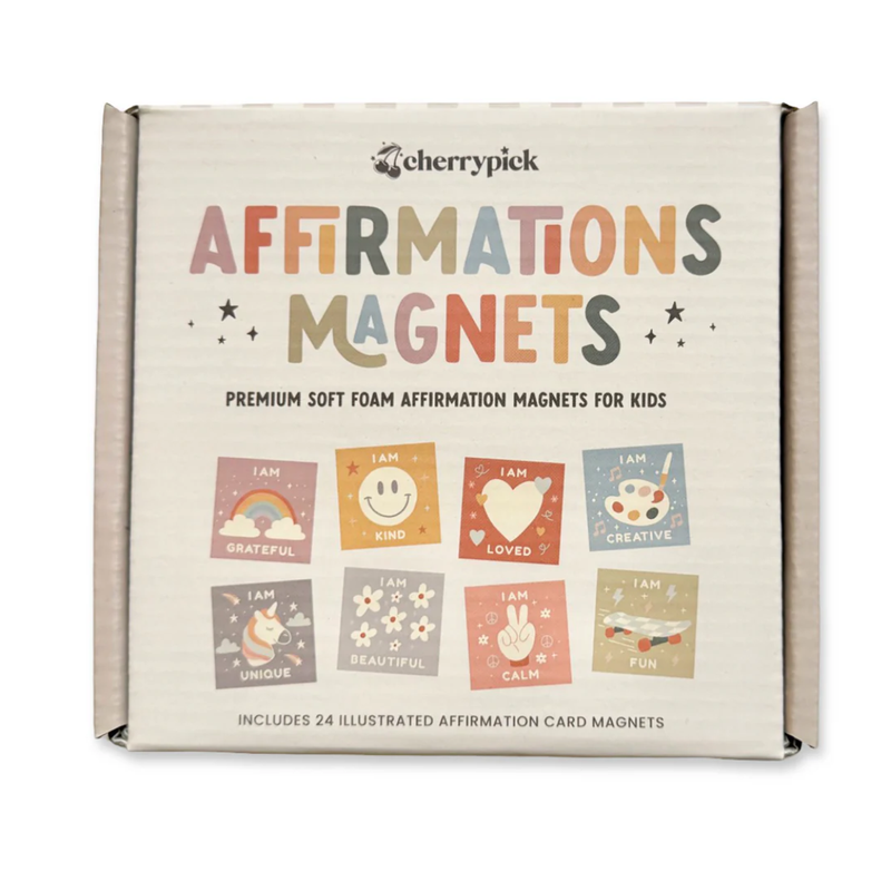 Box of affirmations magnets for kids with colorful illustrations on a white background