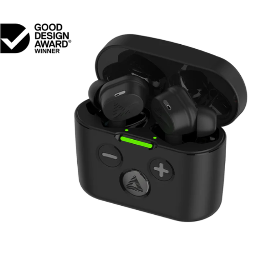 Black wireless earbuds in a charging case with Good Design Award logo on a white background