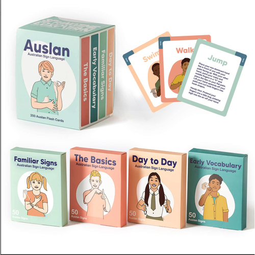 Set of Auslan flashcards and books on Australian Sign Language with colorful covers.