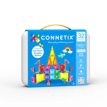Load image into Gallery viewer, Connetix Travel Mini Pack toy set in a hard plastic carrying case with a blue front panel, yellow handle, and white sides. The box shows colorful magnetic tiles and stickers, with text indicating 32 pieces.
