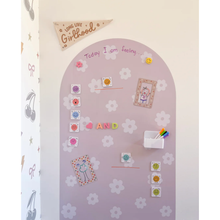 Load image into Gallery viewer, Decorative wall with a pink arch, flowers, and colorful stickers on a light purple background.
