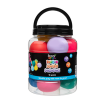 Load image into Gallery viewer, A clear plastic jar filled with colorful sensory squishies, featuring a black handle lid and a black label with the Sensory Play brand logo and 'Rainbow Squishies' text.
