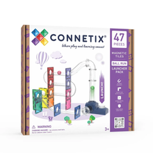 Load image into Gallery viewer, Connetix Ball Run Launcher Pack toy box, featuring a white front with colorful magnetic tile illustrations and a purple side panel indicating 47 pieces.
