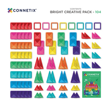Load image into Gallery viewer, A Connetix Bright Creative Pack contents sheet showing many colorful geometric building blocks arranged in rows, with a small printed pack insert at bottom right on a white background.
