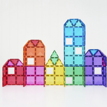 Load image into Gallery viewer, Colorful translucent magnetic building blocks arranged to form six house-shaped structures in a rainbow color sequence on a white background.
