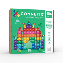 Load image into Gallery viewer, Connetix Bright Creative Pack toy building set in its green retail box, featuring a colorful magnetic tile castle illustration and product details including '104 PIECES' and 'MAGNETIC TILES'.
