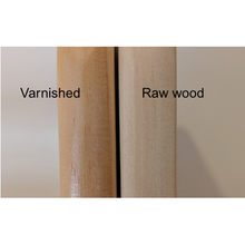Load image into Gallery viewer, Two wooden planks labeled &#39;Varnished&#39; and &#39;Raw wood&#39; on a neutral background.
