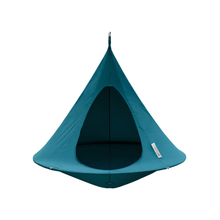 Load image into Gallery viewer, A teal camping dome tent with a pointed top and a large triangular entry opening, shown on a plain white background.
