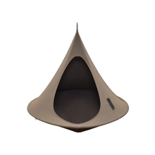 Load image into Gallery viewer, A dome-shaped camping pod tent in a taupe-beige color with a dark interior, shown against a plain white background.

