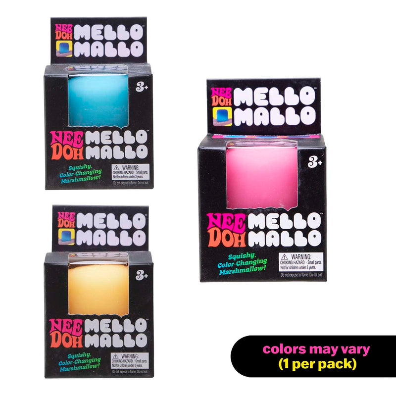 Multiple boxes of Nee Doh Mello Mallo with colorful packaging on a white background.