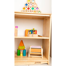 Load image into Gallery viewer, Wooden toy shelf with colorful geometric blocks and toys on a white background
